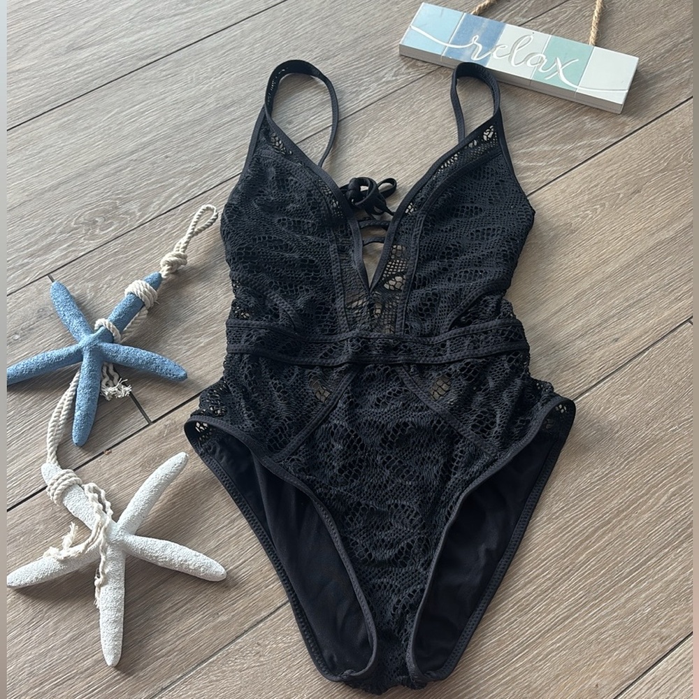 Color Play Crochet Plunge-Neck One-Piece